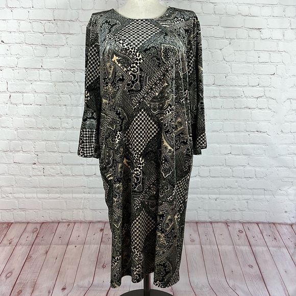 Serengeti Dresses & Skirts - Serengeti Black Tan Paisley Plaid Bell Sleeve Sheath Midi Dress Size 3X